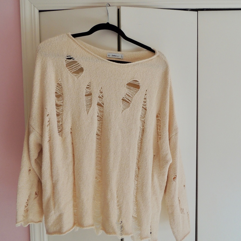 Zara Distressed Scoop Neck Sweater in Cream